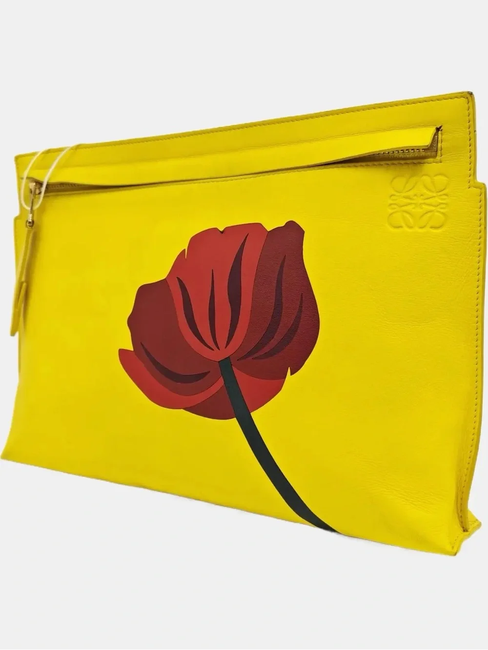 Loewe Pouch Yellow Leather Clutch with Red Floral Graphic